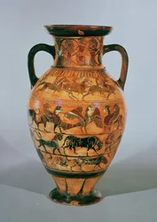Attische zwart-figuur amphora versierd met dieren, paard en ruiters en fantastische dieren (keramiek)